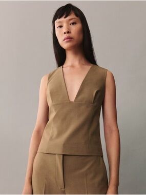 Mango Sleeveless Deep V-Neck Top in Khaki